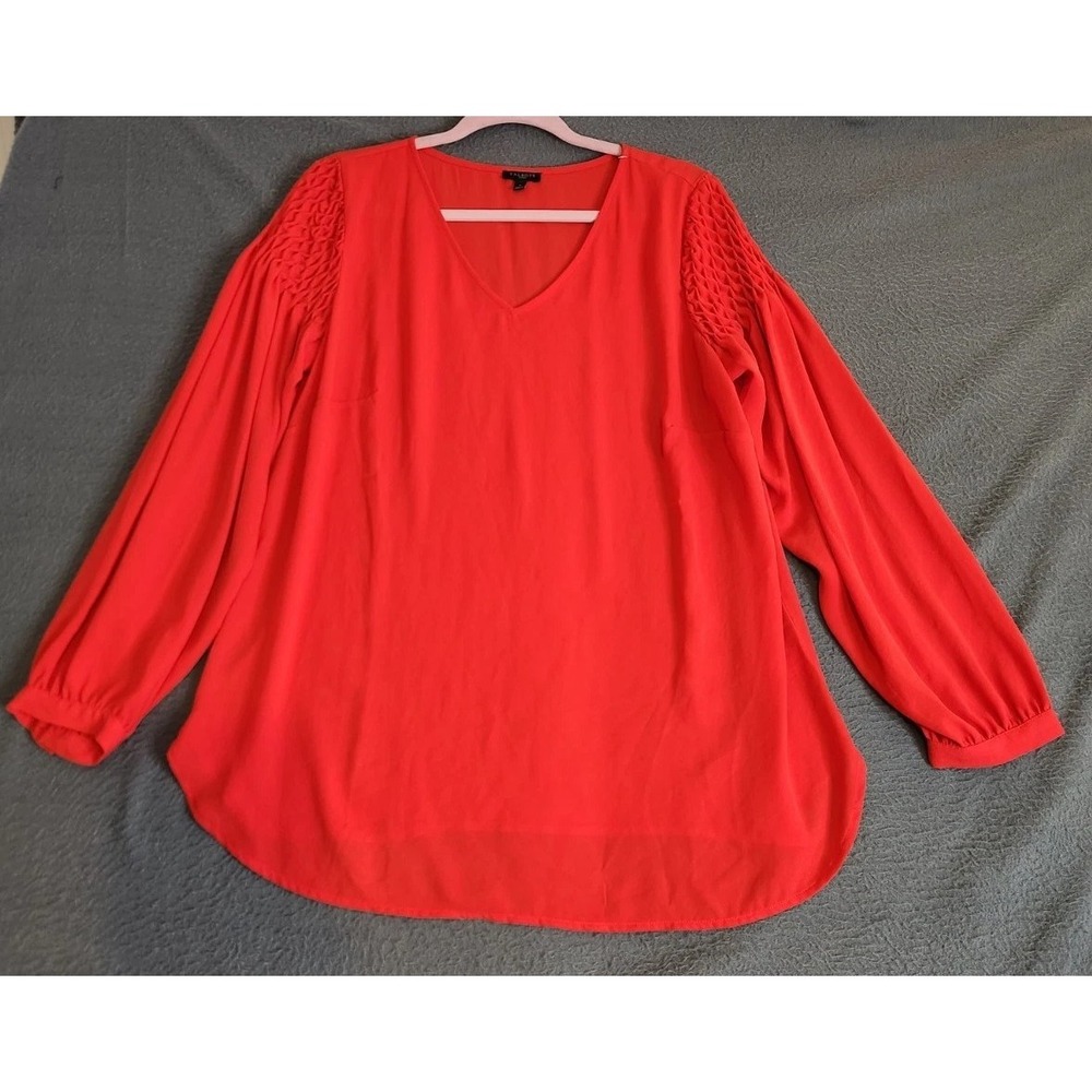 Talbots Womens Pullover Top Red Shirt Blouse X Long Fancy Smocked Sleeve Flowy‎